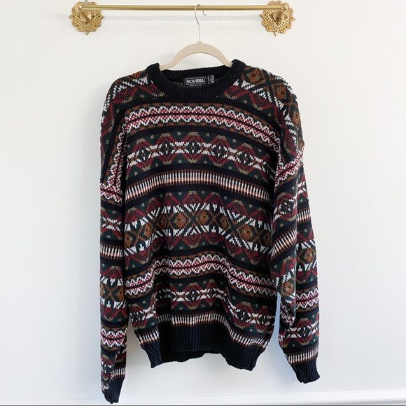 Vintage Scandia Printed Grandpa Sweater Black Multi - Picture 1 of 5